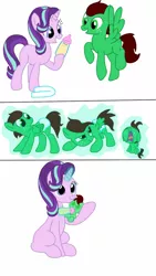 Size: 720x1280 | Tagged: safe, artist:kittythenerd, banned from derpibooru, deleted from derpibooru, derpibooru import, starlight glimmer, oc, oc:northern haste, pony, age regression, baby, baby pony, colt, comic, crying, diaper, drinking, female, flying, freckles, glowing horn, holding a pony, hoof hold, horn, looking back, magic, male, mare, milk bottle, open mouth, smiling, stallion, telekinesis