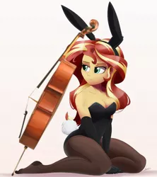 Size: 1440x1619 | Tagged: suggestive, artist:ncmares, artist:raps, banned from derpibooru, deleted from derpibooru, derpibooru import, edit, sunset shimmer, equestria girls, bare shoulders, breasts, bunny ears, bunny suit, cello, cleavage, clothes, evening gloves, gloves, leotard, long gloves, musical instrument, pantyhose, sexy, sleeveless, strapless, stupid sexy sunset shimmer
