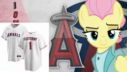 Size: 2289x1288 | Tagged: safe, banned from derpibooru, deleted from derpibooru, derpibooru import, fluttershy, pegasus, alternate hairstyle, baseball, clothes, jersey, los angeles angels, mlb, severeshy, sports