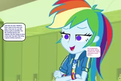 Size: 972x655 | Tagged: safe, banned from derpibooru, deleted from derpibooru, derpibooru import, edit, edited screencap, editor:thomasfan45, screencap, rainbow dash, human, a queen of clubs, equestria girls, equestria girls series, 1000 hours in ms paint, arms folded, brainwashing, canterlot high, clothes, cutie mark, cutie mark on clothes, description is relevant, female, geode of super speed, hallway, hoodie, hypnosis, hypnotized, implied rarity, lidded eyes, lockers, magical geodes, mental shift, offscreen character, open mouth, personality change, shirt, solo, speech bubble, spiral, story included, swirly eyes, wristband