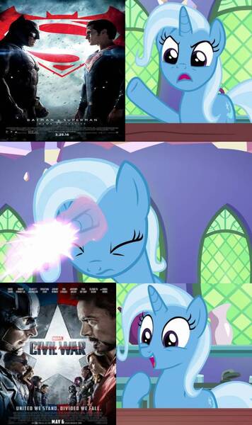 Size: 720x1215 | Tagged: safe, artist:darknessawakens13, banned from derpibooru, deleted from derpibooru, derpibooru import, trixie, all bottled up, batman v superman: dawn of justice, captain america: civil war, exploitable meme, meme, trixie fixing meme