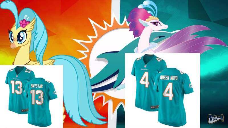 Size: 2289x1288 | Tagged: safe, banned from derpibooru, deleted from derpibooru, derpibooru import, princess skystar, queen novo, classical hippogriff, hippogriff, seapony (g4), my little pony: the movie, american football, clothes, jersey, miami dolphins, nfl, sports