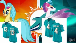Size: 2289x1288 | Tagged: safe, banned from derpibooru, deleted from derpibooru, derpibooru import, princess skystar, queen novo, classical hippogriff, hippogriff, seapony (g4), my little pony: the movie, american football, clothes, jersey, miami dolphins, nfl, sports