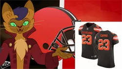 Size: 2289x1288 | Tagged: safe, artist:dashiesparkle, banned from derpibooru, deleted from derpibooru, derpibooru import, capper dapperpaws, my little pony: the movie, american football, cleveland browns, clothes, jersey, nfl, sports