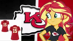 Size: 2289x1288 | Tagged: safe, banned from derpibooru, deleted from derpibooru, derpibooru import, sunset shimmer, equestria girls, american football, clothes, jersey, kansas city chiefs, nfl, sports