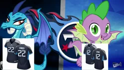 Size: 2289x1288 | Tagged: safe, banned from derpibooru, deleted from derpibooru, derpibooru import, princess ember, spike, dragon, american football, clothes, jersey, nfl, sports, tennessee titans, winged spike