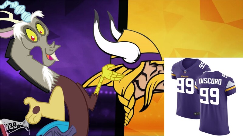 Size: 2289x1288 | Tagged: safe, banned from derpibooru, deleted from derpibooru, derpibooru import, discord, draconequus, american football, clothes, jersey, minnesota vikings, nfl, sports