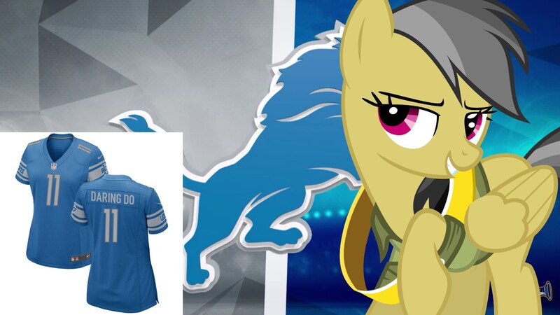 Size: 2289x1288 | Tagged: safe, artist:missbeigepony, banned from derpibooru, deleted from derpibooru, derpibooru import, daring do, pegasus, american football, clothes, detroit lions, jersey, nfl, sports