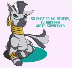 Size: 2248x2118 | Tagged: safe, artist:yzaicreates, banned from derpibooru, deleted from derpibooru, derpibooru import, zecora, zebra, colored hooves, ear piercing, earring, female, jewelry, mare, mouthpiece, neck rings, no pupils, piercing, politics, simple background, solo, text, white background