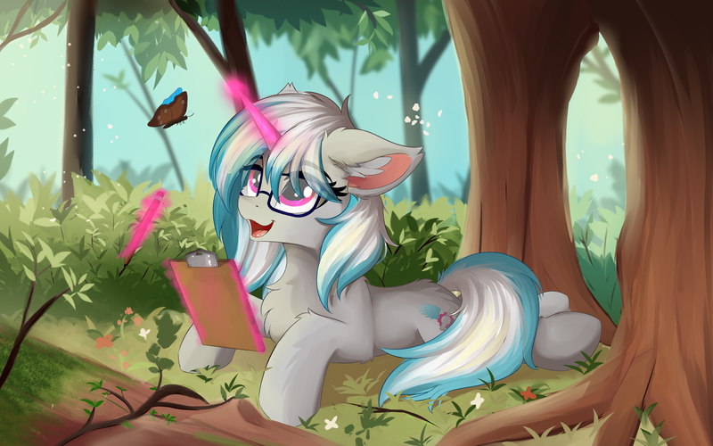 Size: 8000x5000 | Tagged: safe, artist:lunar froxy, banned from derpibooru, deleted from derpibooru, derpibooru import, oc, oc:windshear, unofficial characters only, butterfly, insect, pony, unicorn, chest fluff, clipboard, commission, ear fluff, eye clipping through hair, female, floppy ears, fluffy, forest, glasses, image, looking at something, lying down, magic, mare, notepad, open mouth, pencil, png, prone, scenery, smiling, solo, telekinesis, tree