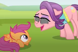 Size: 1037x687 | Tagged: safe, artist:grapefruitface1, banned from derpibooru, deleted from derpibooru, derpibooru import, edit, edited screencap, screencap, scootaloo, spoiled rich, downvote bait, hypnosis, scared, swirly eyes, vulgar description