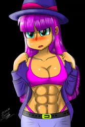 Size: 2070x3105 | Tagged: suggestive, artist:the-butch-x, artist:zeruvel, banned from derpibooru, deleted from derpibooru, derpibooru import, ginger owlseye, human, equestria girls, abs, belt, blushing, bra, breasts, cleavage, clothes, crop top bra, eyeliner, female, hat, makeup, muscles, muscular female, panties, pants, redrawn, remake, solo, thong, underwear