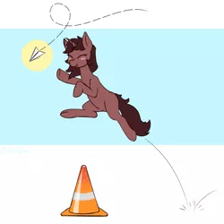 Size: 3000x3000 | Tagged: suggestive, artist:afterrain, banned from derpibooru, deleted from derpibooru, derpibooru import, oc, oc:aripegio del mandolino, unofficial characters only, pony, unicorn, female, jumping, mare, paper airplane, reaching, simple background, solo, traffic cone