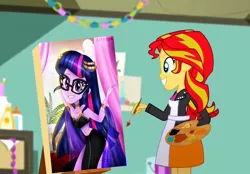 Size: 1033x720 | Tagged: suggestive, artist:artmlpk, banned from derpibooru, deleted from derpibooru, derpibooru import, edit, editor:beta minion, sunset shimmer, twilight sparkle, equestria girls, paintbrush, painting, picture