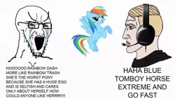 Size: 1080x607 | Tagged: safe, banned from derpibooru, deleted from derpibooru, derpibooru import, rainbow dash, human, pegasus, pony, caption, crying, headset, image macro, meme, nordic gamer, red eyes, soyboy, soyjak, text, wojak