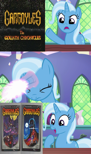 Size: 640x1080 | Tagged: safe, artist:mega-poneo, banned from derpibooru, deleted from derpibooru, derpibooru import, edit, edited screencap, screencap, trixie, all bottled up, disney, exploitable meme, gargoyles, meme, requested art, trixie fixing meme