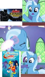 Size: 640x1080 | Tagged: safe, artist:cartoonmasterv3, artist:mega-poneo, banned from derpibooru, deleted from derpibooru, derpibooru import, edit, edited screencap, screencap, trixie, all bottled up, black panther, dc comics, dc superhero girls, exploitable meme, magic, marvel, meme, trixie fixing meme