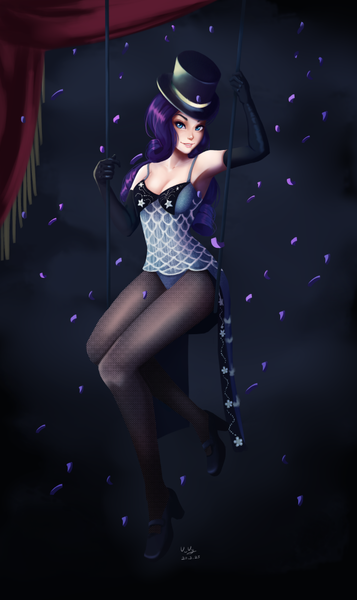 Size: 595x1000 | Tagged: safe, artist:the-park, banned from derpibooru, deleted from derpibooru, derpibooru import, rarity, human, armpits, bedroom eyes, breasts, clothes, commission, confetti, corset, curtains, evening gloves, female, fishnets, gloves, hat, high heels, humanized, long gloves, moulin rouge, shoes, solo, stage, top hat