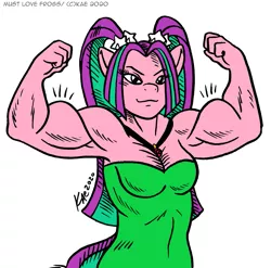 Size: 965x953 | Tagged: safe, artist:kaemantis, banned from derpibooru, deleted from derpibooru, derpibooru import, edit, part of a set, aria blaze, anthro, aria brute, biceps, buff, clothes, commission, disguise, disguised siren, dress, flexing, gem, muscles, siren gem, smiling, solo