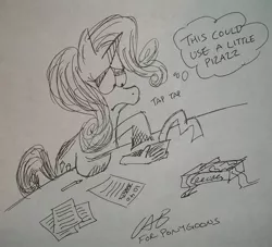 Size: 1105x1003 | Tagged: safe, artist:bakertoons, banned from derpibooru, deleted from derpibooru, derpibooru import, rarity, adding machine, monochrome, paper, pencil, solo, taxes, traditional art