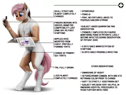 Size: 2000x1500 | Tagged: suggestive, artist:geoffrey-mcdermott, banned from derpibooru, deleted from derpibooru, derpibooru import, nurse redheart, anthro, eponavirus, female, human to pony, pen, ponid-21, simple background, text, transformation, transgender transformation, white background