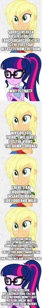 Size: 500x3671 | Tagged: safe, banned from derpibooru, deleted from derpibooru, derpibooru import, edit, edited screencap, editor:lord you know who, screencap, applejack, sci-twi, twilight sparkle, equestria girls, comic, coronavirus, farmer, food, screencap comic