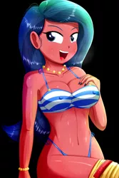 Size: 1280x1920 | Tagged: suggestive, artist:the-butch-x, banned from derpibooru, deleted from derpibooru, derpibooru import, desert sage, human, equestria girls, equestria girls series, spring breakdown, bell, belly button, bikini, black background, breasts, busty desert sage, clothes, curvy, erect nipples, female, jewelry, legs, lidded eyes, looking at you, midriff, necklace, open mouth, pants, simple background, sitting, sleeveless, smiling, string bikini, sweat, swimsuit