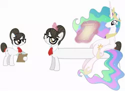 Size: 1656x1204 | Tagged: safe, artist:pony4koma, banned from derpibooru, deleted from derpibooru, derpibooru import, princess celestia, raven, starlight glimmer, writing desk, alicorn, earth pony, pony, unicorn, ascot, clipboard, cute, female, glasses, hair bun, improvement, long glimmer, long pony, magic, mare, ponies riding ponies, pony ride, riding, scroll, secretary, working