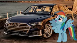 Size: 1280x720 | Tagged: safe, artist:s-class-destroyer, banned from derpibooru, deleted from derpibooru, derpibooru import, rainbow dash, pegasus, pony, audi, audi a8, car, female, irl, mare, obligatory pony, photo, ponies in real life, solo