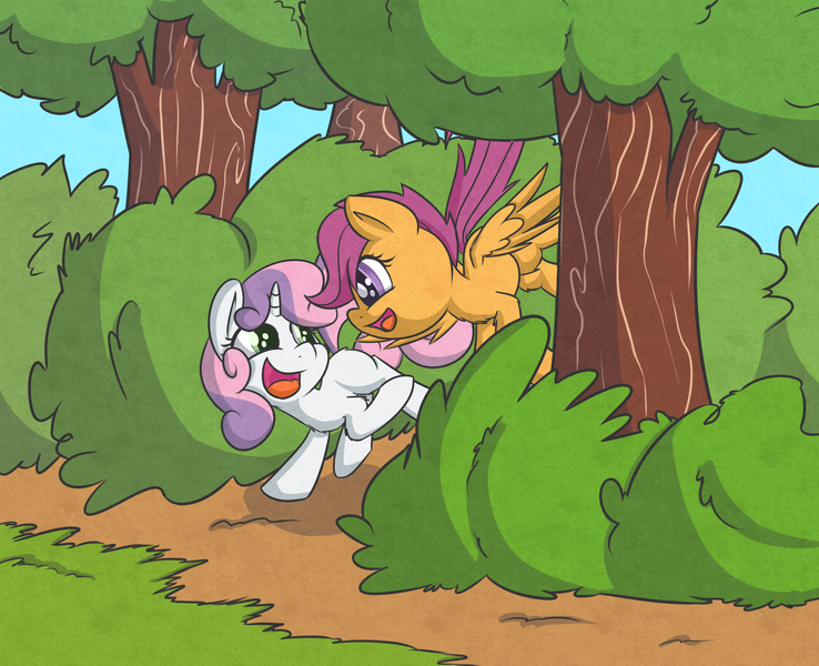 Size: 2512x2041 | Tagged: safe, artist:handsockz, banned from derpibooru, deleted from derpibooru, derpibooru import, scootaloo, sweetie belle, forest