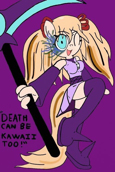 Size: 800x1199 | Tagged: safe, artist:tenebrousmelancholy, banned from derpibooru, deleted from derpibooru, derpibooru import, anthro, barely pony related, boots, clothes, death-chan, female, grim reaper, kawaii deathu desu, scythe, shoes, solo, thigh boots, video game