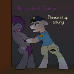 Size: 500x500 | Tagged: safe, artist:ask-frostfall, banned from derpibooru, deleted from derpibooru, derpibooru import, oc, oc:frostfall, oc:under cover, earth pony, pegasus, pony, arrest, drunk, police, police officer