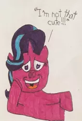 Size: 383x562 | Tagged: safe, artist:whistle blossom, banned from derpibooru, deleted from derpibooru, derpibooru import, starlight glimmer, pony, unicorn, dialogue, female, grin, i'm not cute, looking at you, mare, nervous, nervous grin, open mouth, simple background, smiling, smiling at you, solo, talking to viewer, traditional art, white background