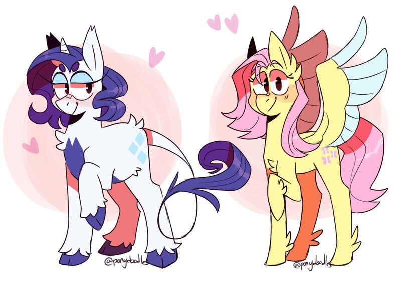 Size: 1175x831 | Tagged: safe, artist:ponydoodles, banned from derpibooru, deleted from derpibooru, derpibooru import, fluttershy, rarity, pegasus, pony, unicorn, chest fluff, cloven hooves, duo, ear fluff, female, heart, leg fluff, leonine tail, looking at you, mare, raised hoof, smiling, spread wings, standing, stray strand, three quarter view, two toned wings, wings