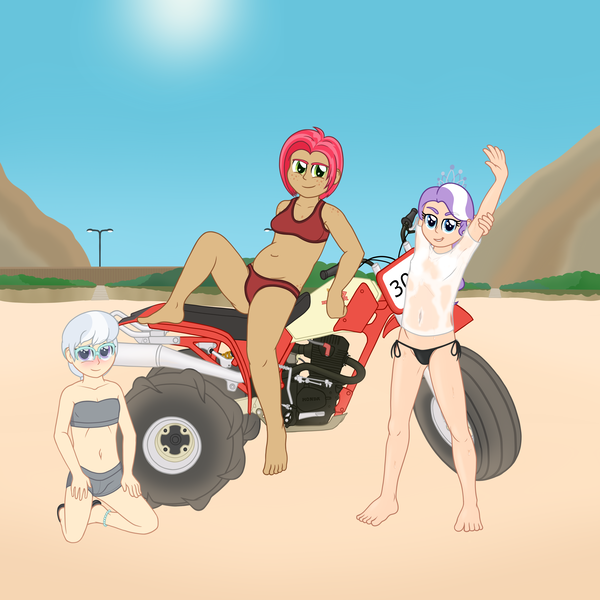 Size: 3500x3500 | Tagged: suggestive, artist:deserter, banned from derpibooru, deleted from derpibooru, derpibooru import, babs seed, diamond tiara, silver spoon, human, art pack:pantiepalooza3, anklet, atv, barefoot, beach, blushing, breasts, chest freckles, chubby, chubby babs, clothes, embarrassed, feet, freckles, freckles galore, hip freckles, humanized, kneeling, leaning, legs, light skin, looking at you, moderate dark skin, no bra underneath, parking lot, sandals, shoulder freckles, side-tie bikini, smiling, smirk, smug, strapless, stretching, string bikini, swimming trunks, swimsuit, thin, vehicle, waving, wet, wet clothes, wet shirt