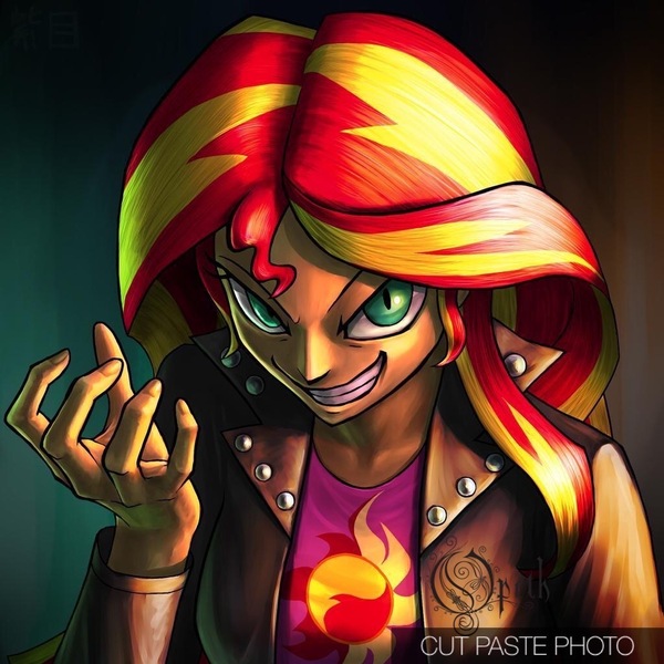 Size: 1024x1024 | Tagged: safe, artist:murskme, artist:titus16s, banned from derpibooru, deleted from derpibooru, derpibooru import, edit, sunset shimmer, equestria girls, art theft, clothes, colored background, evil, grin, jacket, leather jacket, sinister, slasher smile, smiling