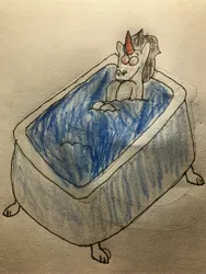 Size: 3024x4032 | Tagged: safe, artist:whistle blossom, banned from derpibooru, deleted from derpibooru, derpibooru import, king sombra, pony, unicorn, bathtub, curved horn, cute, horn, male, simple background, solo, sombradorable, stallion, traditional art, water, wet, white background