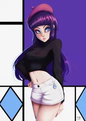 Size: 706x1000 | Tagged: safe, artist:the-park, banned from derpibooru, deleted from derpibooru, derpibooru import, rarity, human, beatnik rarity, belly button, beret, breasts, clothes, cutie mark, female, hat, humanized, midriff, shorts, solo, solo female, sweater