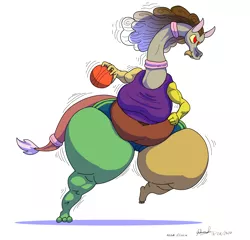 Size: 3108x2988 | Tagged: suggestive, artist:jacalope, artist:tracerpainter, banned from derpibooru, deleted from derpibooru, derpibooru import, discord, oc, oc:discordia, anthro, draconequus, basketball, bbw, breasts, clothes, colored, eris, extra thicc, fat, fat ass, large butt, rule 63, simple background, socks, sports, thick, thigh highs, white background