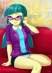 Size: 1280x1810 | Tagged: suggestive, artist:uotapo, banned from derpibooru, deleted from derpibooru, derpibooru import, edit, juniper montage, equestria girls, blushing, clothes, glasses, lidded eyes, looking away, panties, skirt, underwear, upskirt, white panties