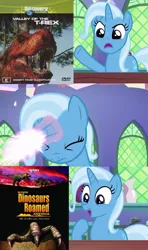 Size: 640x1080 | Tagged: safe, artist:wildgirl2000, banned from derpibooru, deleted from derpibooru, derpibooru import, edit, edited screencap, screencap, trixie, dinosaur, pony, tyrannosaurus rex, unicorn, all bottled up, discovery channel, female, magic, mare