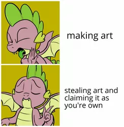 Size: 1353x1385 | Tagged: safe, artist:pony-berserker edits, banned from derpibooru, deleted from derpibooru, derpibooru import, edit, spike, dragon, drake, eyes closed, grammar error, hotline bling, implied plagiarism, male, meme, solo, text, winged spike