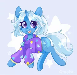 Size: 2048x1998 | Tagged: safe, artist:kiruart, artist:tinykiru, banned from derpibooru, deleted from derpibooru, derpibooru import, trixie, pony, unicorn, abstract background, alternate hairstyle, babysitter trixie, clothes, female, hoodie, mare, pigtails, solo, stars, twintails