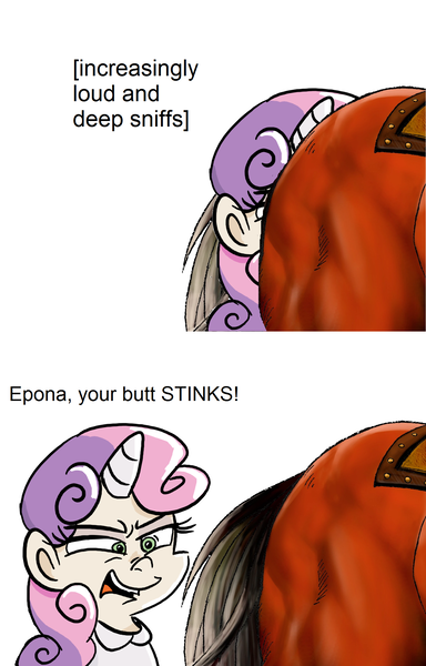 Size: 1376x2152 | Tagged: suggestive, artist:mirabuncupcakes15, banned from derpibooru, deleted from derpibooru, derpibooru import, edit, sweetie belle, human, epona, female, humanized, the legend of zelda