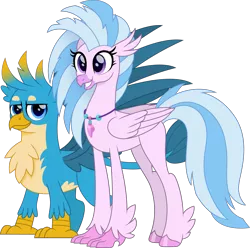Size: 1513x1500 | Tagged: safe, artist:cloudyglow, banned from derpibooru, deleted from derpibooru, derpibooru import, edit, part of a set, gallus, silverstream, classical hippogriff, gryphon, hippogriff, chest fluff, cute, diastreamies, female, gallabetes, gallstream, jewelry, looking at you, majestic, male, movie accurate, necklace, older, older gallus, older silverstream, shipping, simple background, smiling, spread wings, straight, transparent background, wavy mouth, wings