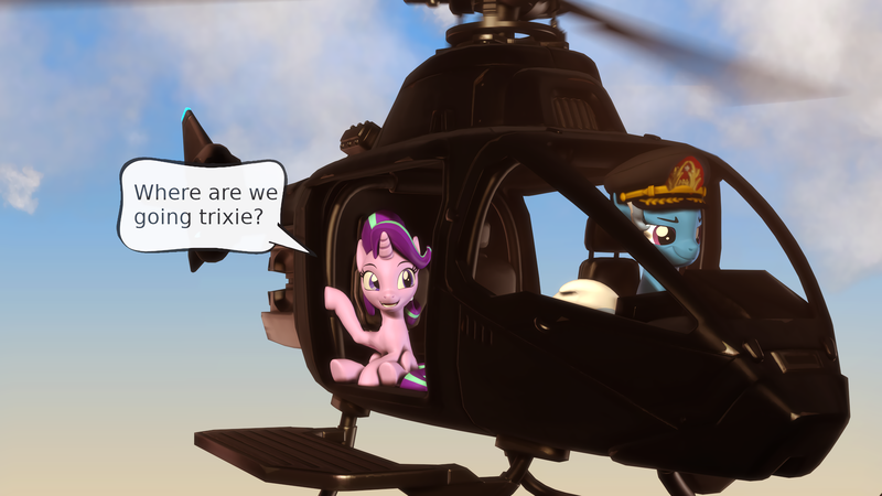 Size: 3840x2160 | Tagged: safe, artist:xppp1n, banned from derpibooru, deleted from derpibooru, derpibooru import, starlight glimmer, trixie, pony, unicorn, 3d, augusto pinochet, female, free helicopter rides, helicopter, implied execution, mare, sitting, source filmmaker, this will end in death, this will end in tears, this will end in tears and/or death