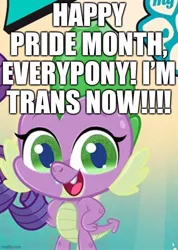 Size: 500x702 | Tagged: safe, banned from derpibooru, deleted from derpibooru, derpibooru import, spike, my little pony: pony life, barb, caption, cute, excessive exclamation marks, female, image macro, pride month, rule 63, smiling, text, transgender