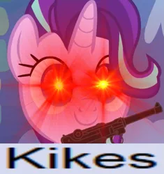 Size: 809x862 | Tagged: safe, banned from derpibooru, deleted from derpibooru, derpibooru import, screencap, starlight glimmer, pony, unicorn, /mlp/, 4chan, antisemitism, caption, glowing eyes, gun, image macro, kite, luger, racial slur, racism, reaction image, text, that pony sure does love kites, vulgar, weapon