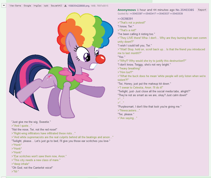 Size: 992x839 | Tagged: safe, banned from derpibooru, deleted from derpibooru, derpibooru import, twilight sparkle, pony, unicorn, /mlp/, 4chan, afro, clothes, clown nose, female, greentext, mare, politics, red nose, text, unicorn twilight