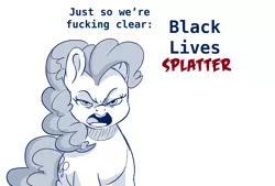 Size: 1280x865 | Tagged: safe, artist:dilarus, banned from derpibooru, deleted from derpibooru, derpibooru import, edit, pinkie pie, earth pony, pony, black lives matter, digital art, female, george floyd protests, looking at you, mare, mouthpiece, politics, signature, simple background, solo, vulgar, white background